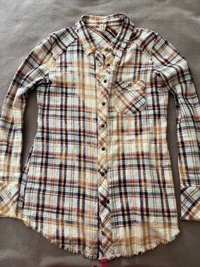 Vintage Y2K Free People Distress Faded Button Down Frayed Fitted Flannel P+S